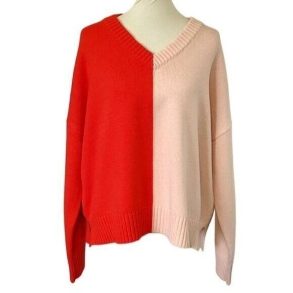 Kerri Rosenthal Sweater M Cotton Red Pink Colorblock Radiant Heart V-Neck NEW - Picture 3 of 15